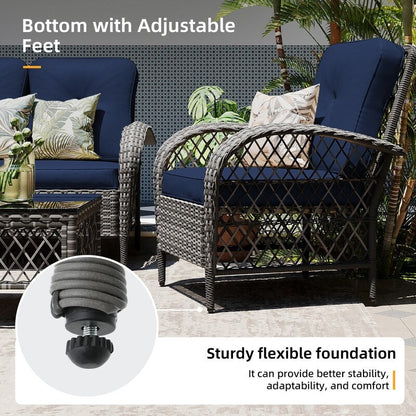 Patio Watcher - Set di 4 sedie da conversazione in vimini grigio per patio con cuscini e tavolino