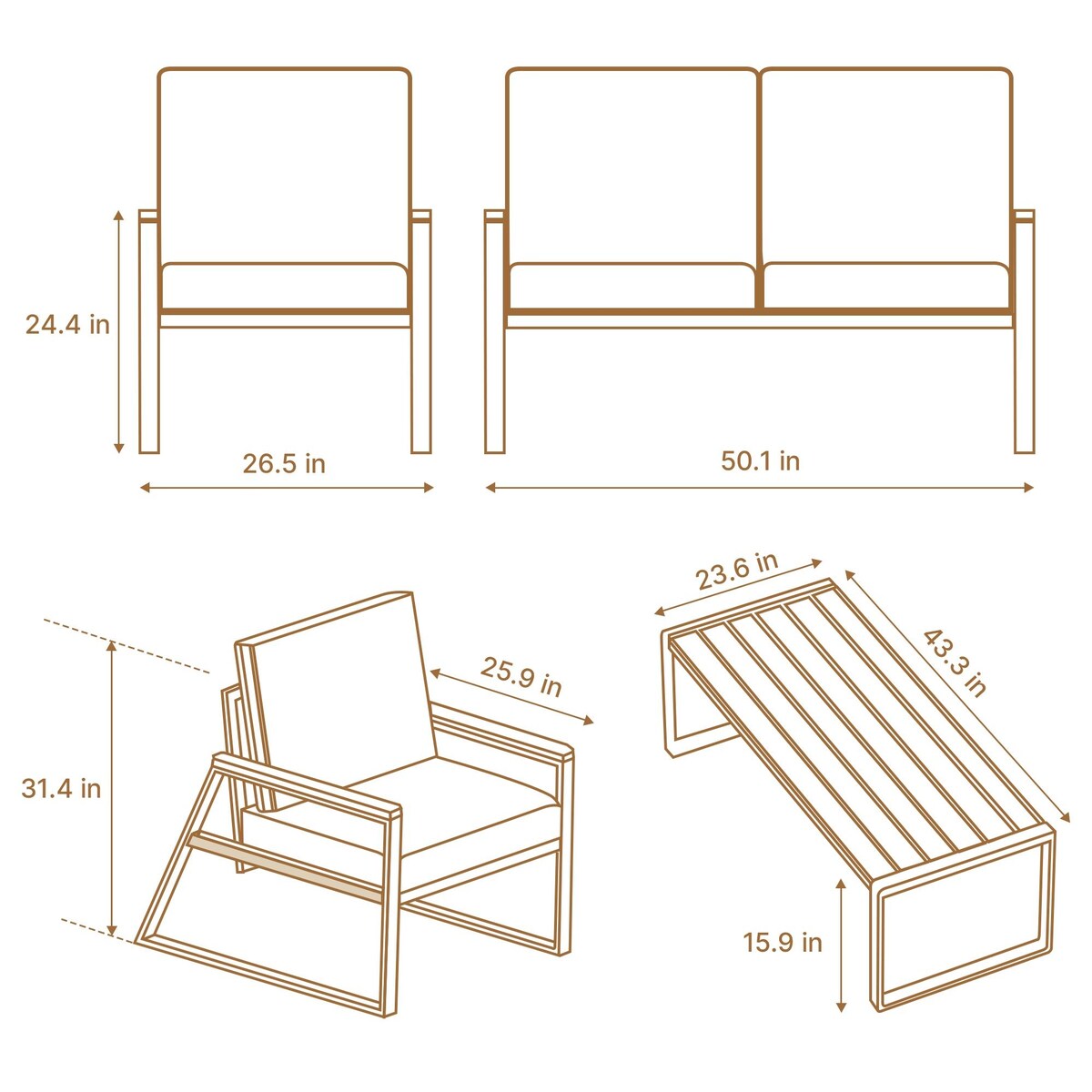 Set da salotto da esterno in legno massello da 4 pezzi con cuscini rimovibili