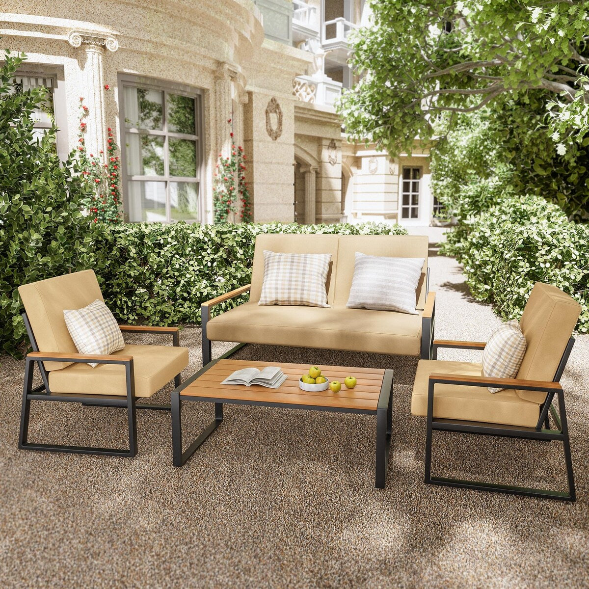 Set da salotto da esterno in legno massello da 4 pezzi con cuscini rimovibili