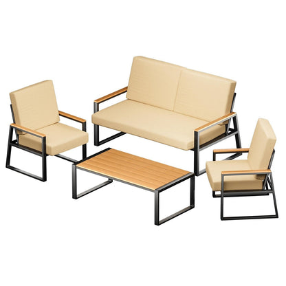 Set da salotto da esterno in legno massello da 4 pezzi con cuscini rimovibili