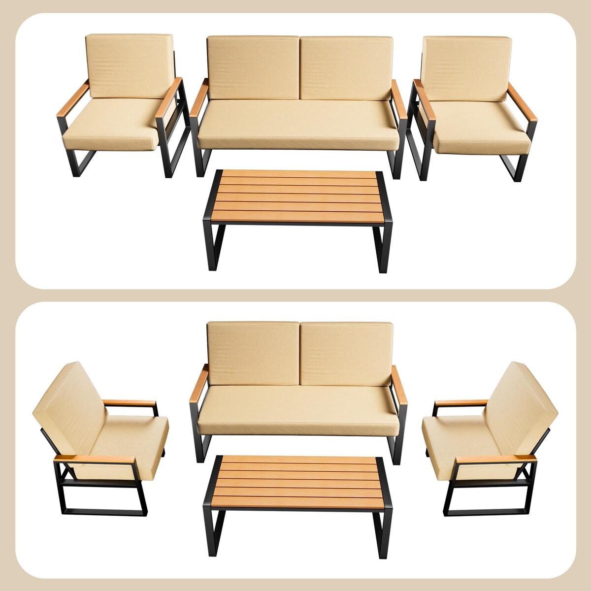 Set da salotto da esterno in legno massello da 4 pezzi con cuscini rimovibili