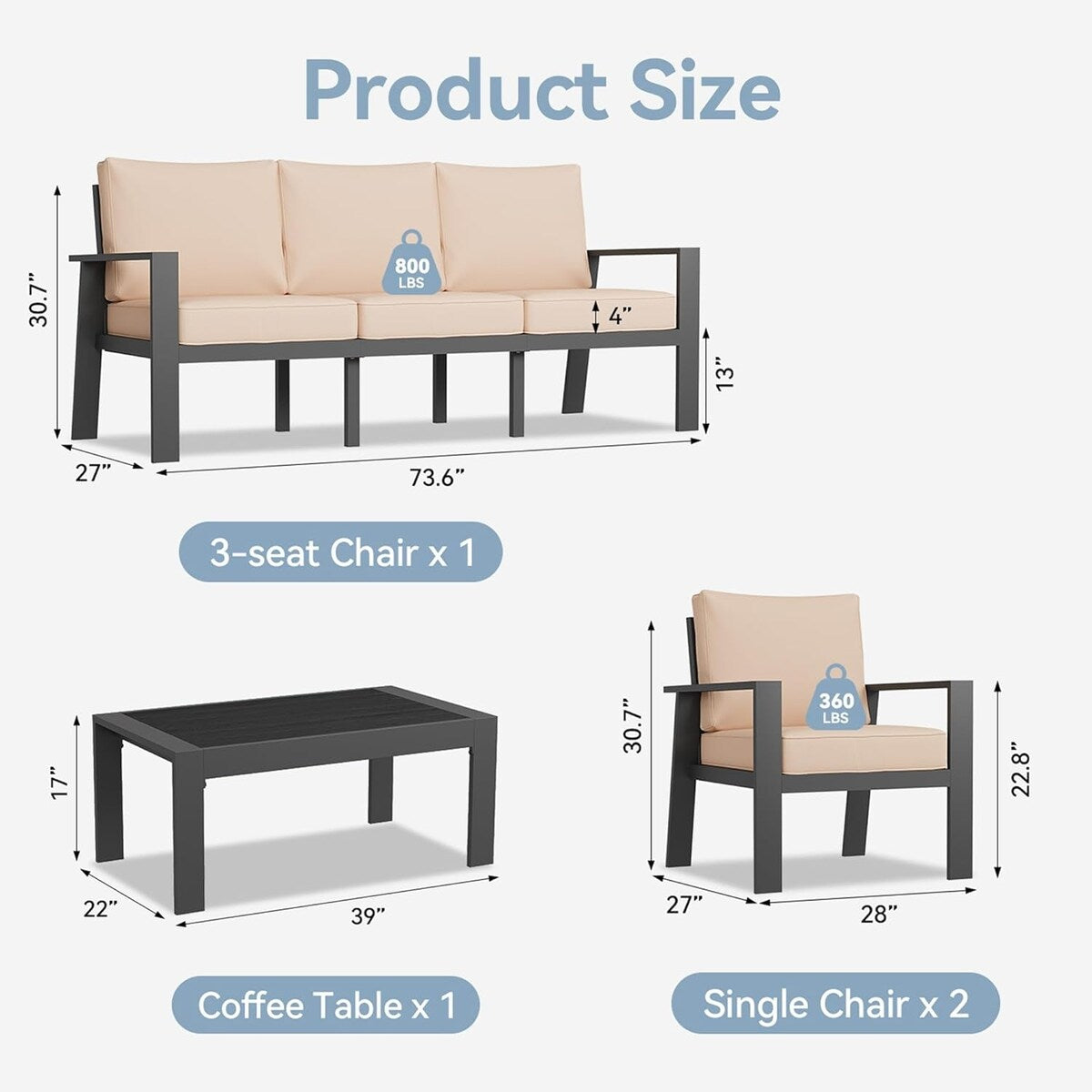 Set di mobili da giardino in alluminio da 4 pezzi