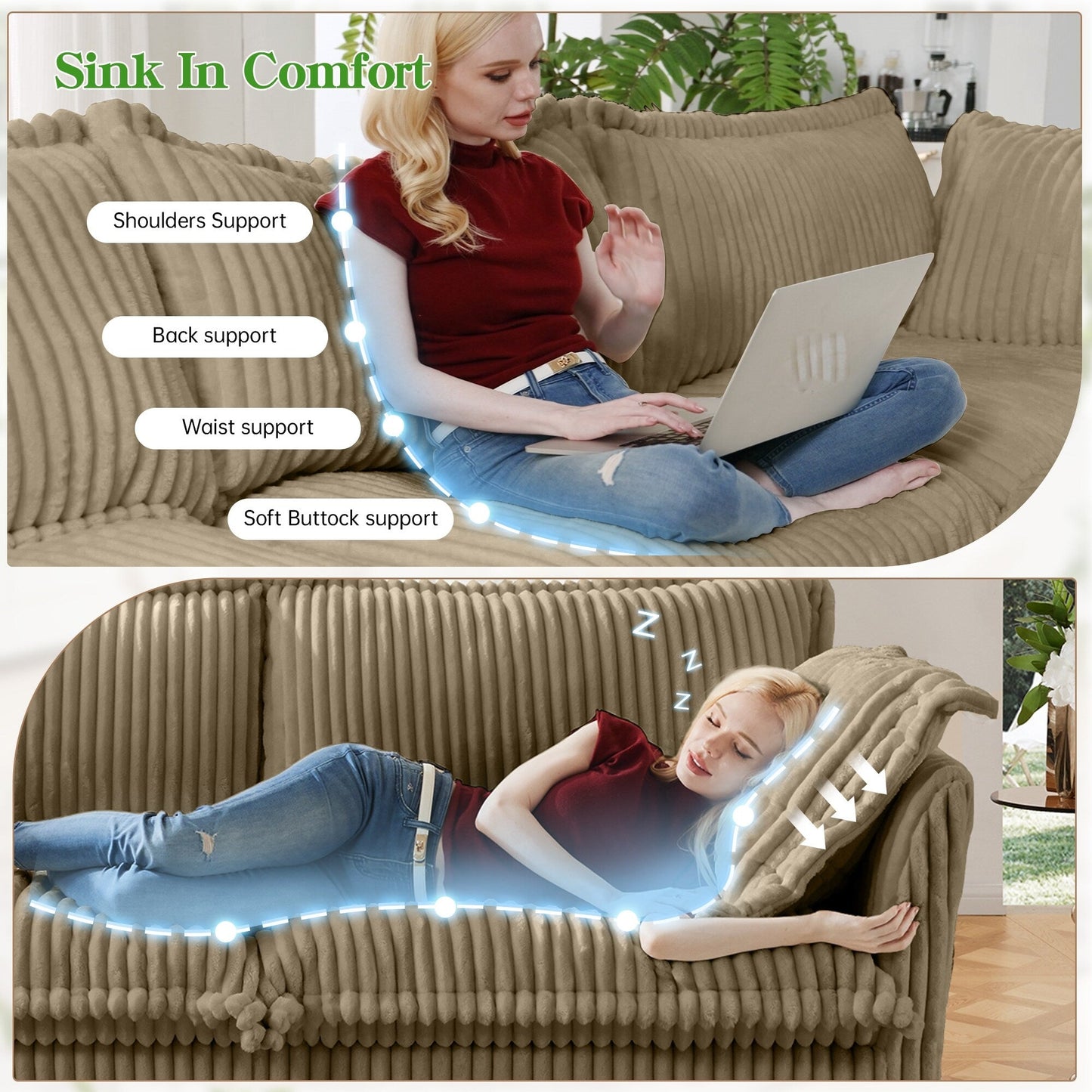 Divano a 4 posti rivestito in velluto a coste con profondità extra per il soggiorno