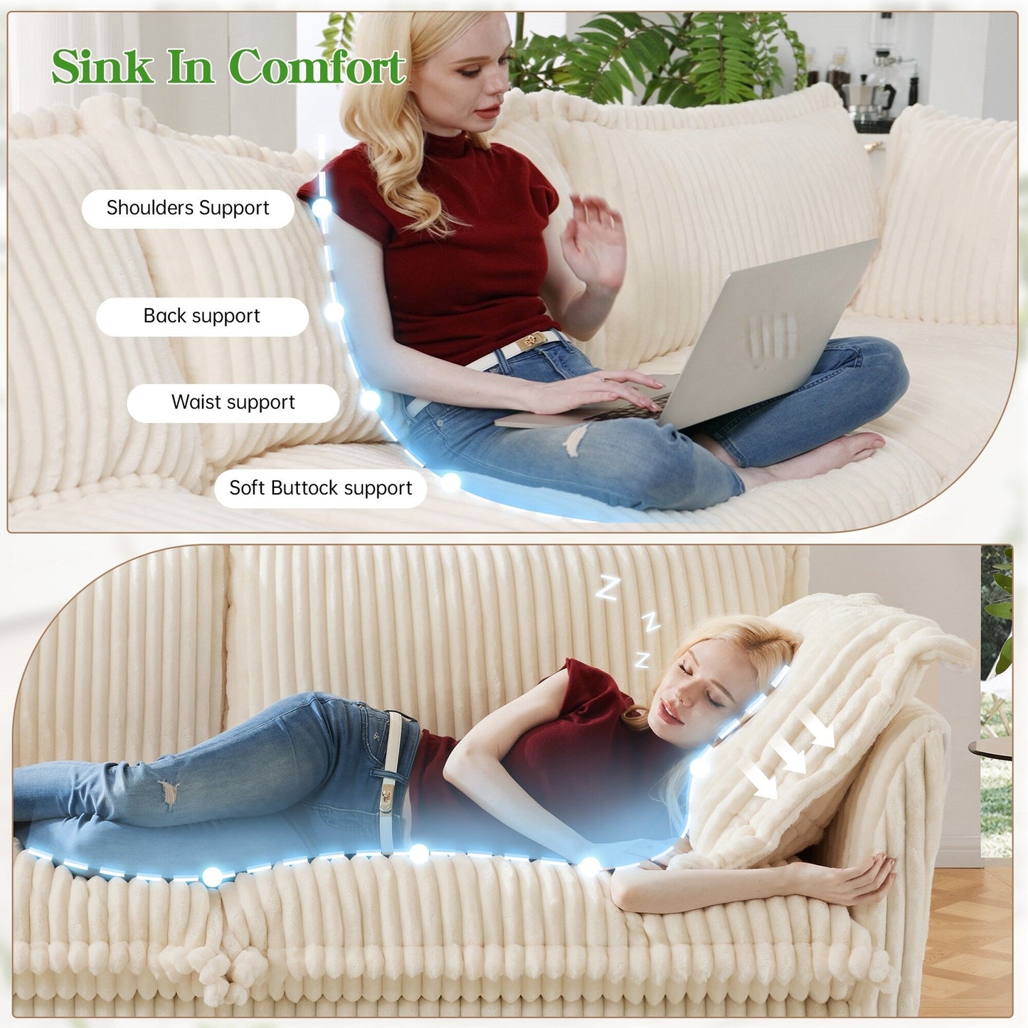 Divano a 4 posti rivestito in velluto a coste con profondità extra per il soggiorno