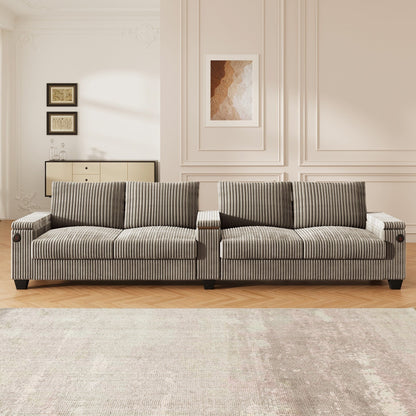 Divano moderno in velluto a coste a 4 posti con porte USB, spazio nascosto e portabicchieri ribaltabile