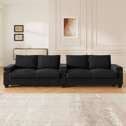 Divano moderno in velluto a coste a 4 posti con porte USB, spazio nascosto e portabicchieri ribaltabile