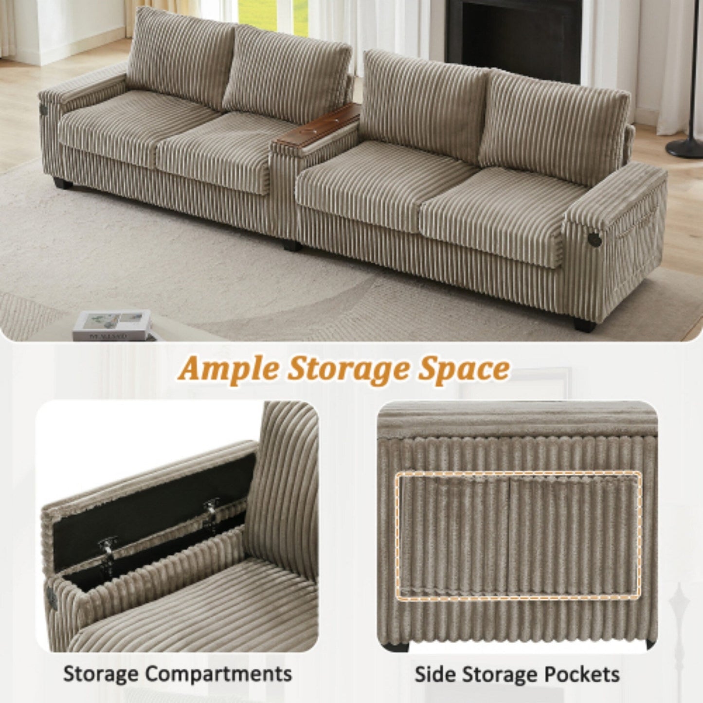 Divano moderno in velluto a coste a 4 posti con porte USB, spazio nascosto e portabicchieri ribaltabile