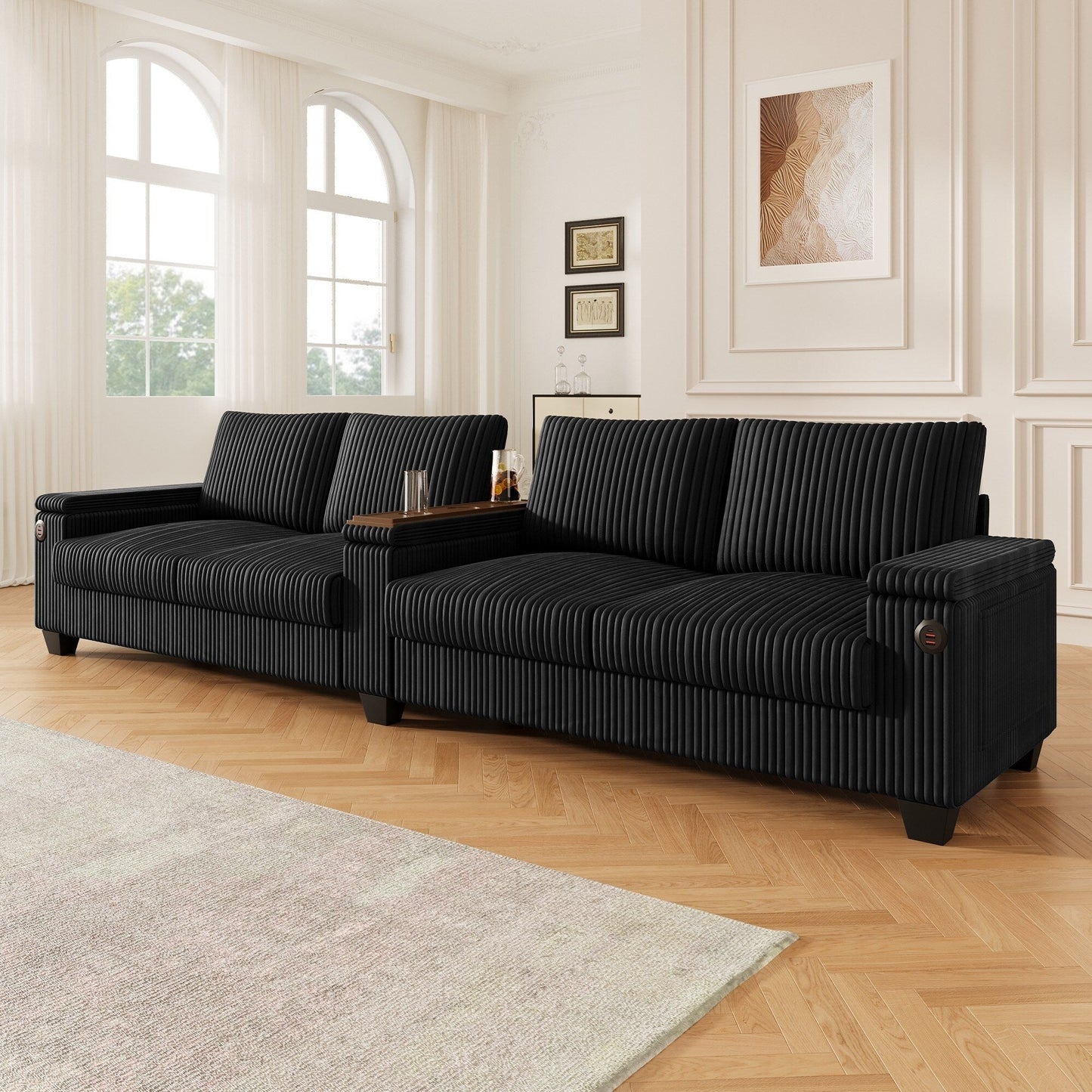 Divano moderno in velluto a coste a 4 posti con porte USB, spazio nascosto e portabicchieri ribaltabile