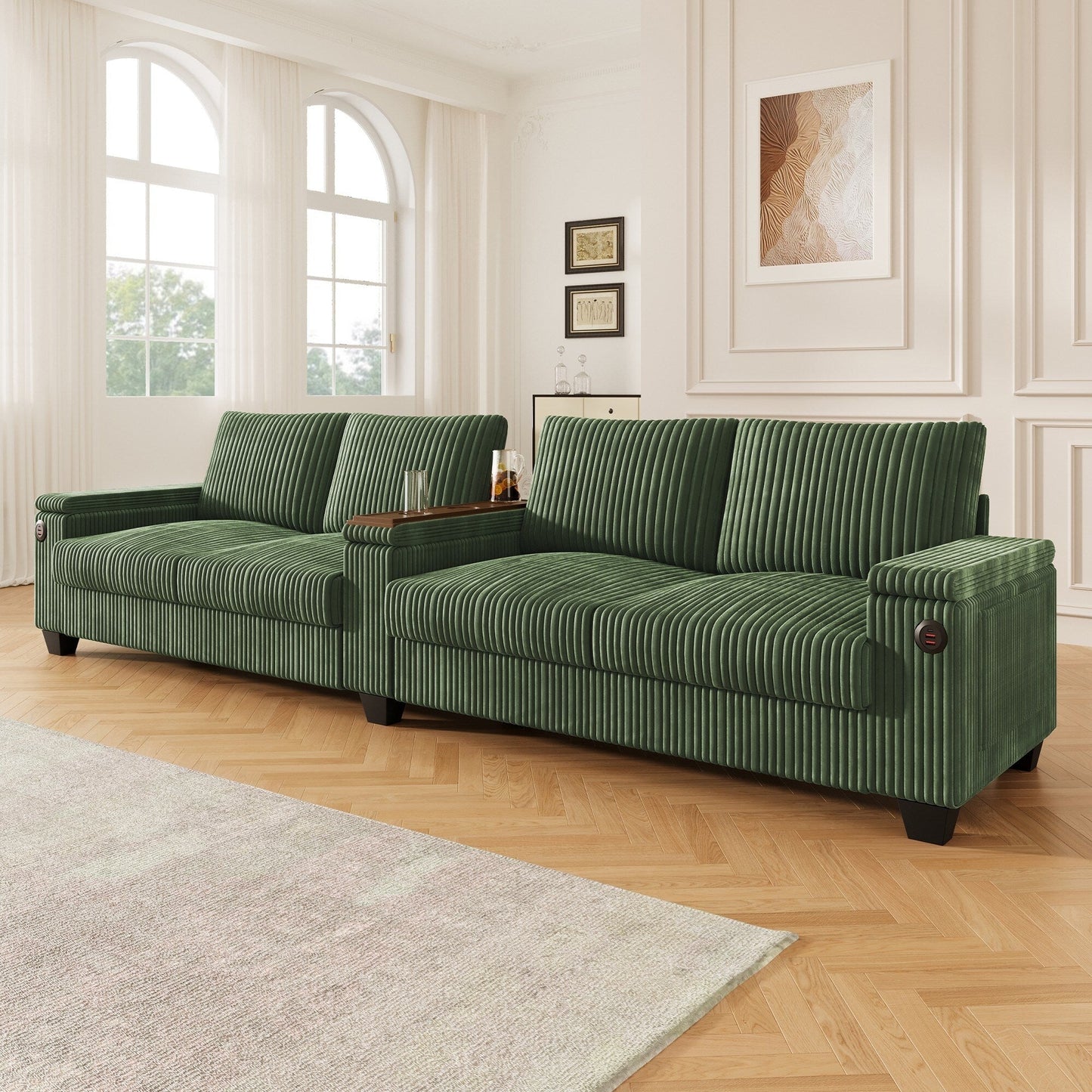 Divano moderno in velluto a coste a 4 posti con porte USB, spazio nascosto e portabicchieri ribaltabile