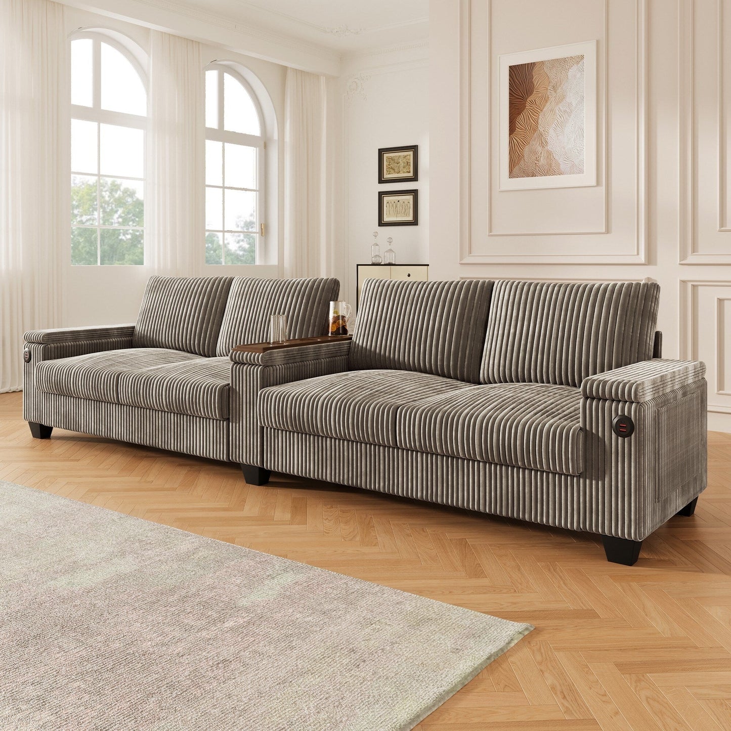 Divano moderno in velluto a coste a 4 posti con porte USB, spazio nascosto e portabicchieri ribaltabile