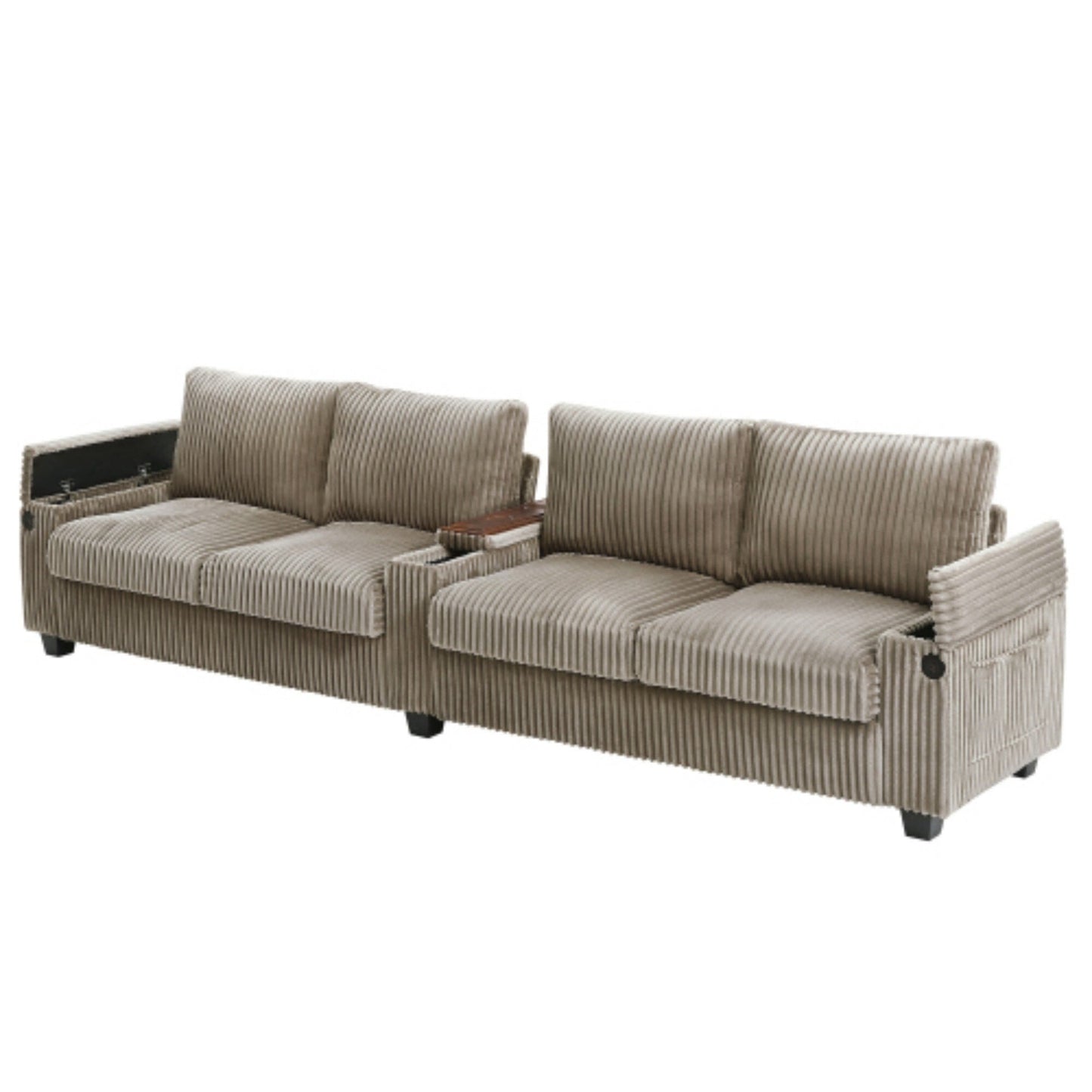 Divano moderno in velluto a coste a 4 posti con porte USB, spazio nascosto e portabicchieri ribaltabile