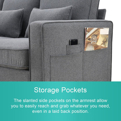 Divano moderno in tessuto di lino a 4 posti con tasche sui braccioli e 4 cuscini