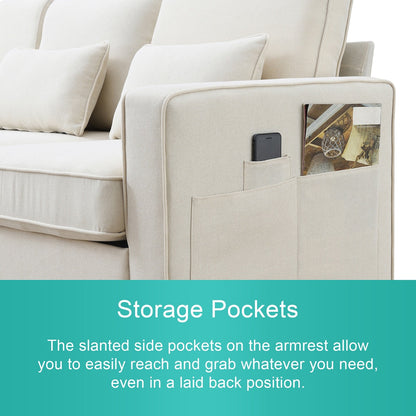 Divano moderno in tessuto di lino a 4 posti con tasche sui braccioli e 4 cuscini