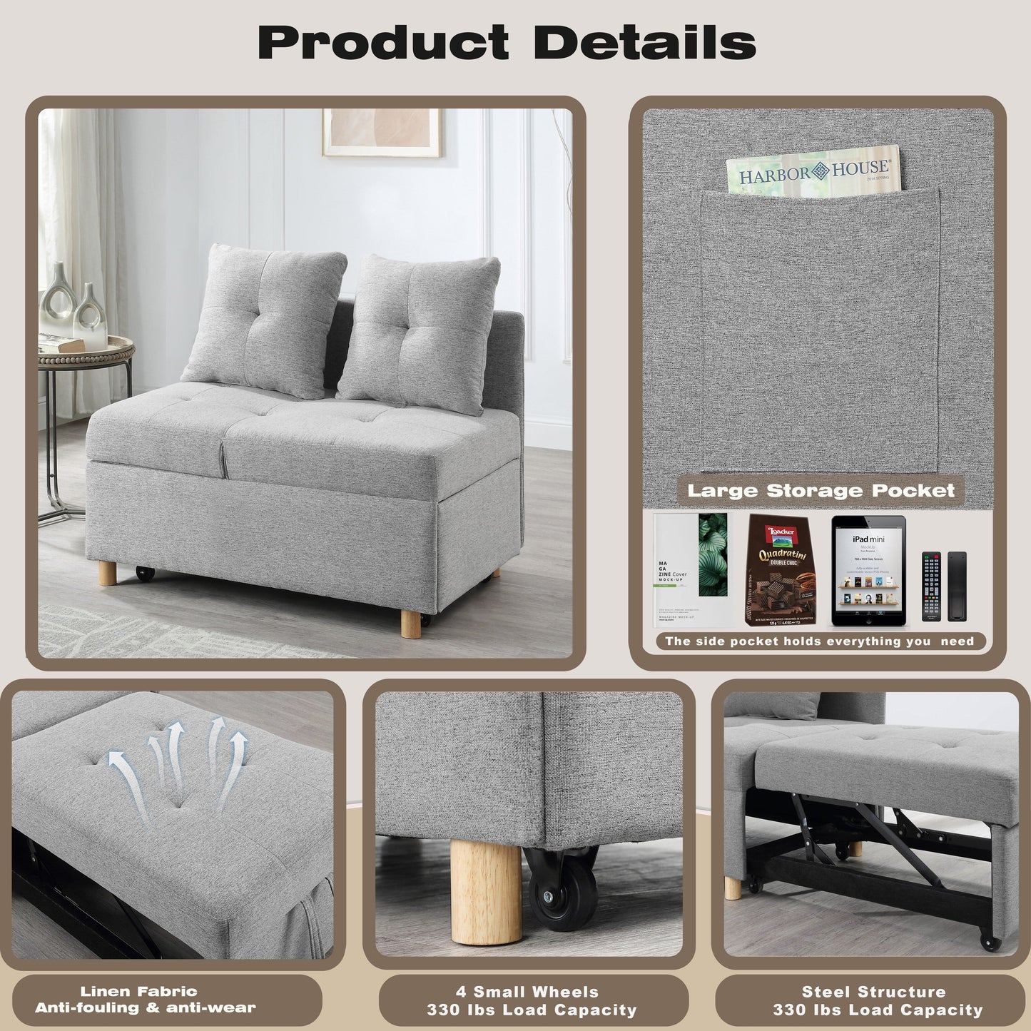 Divano letto singolo convertibile 4 in 1 con schienale regolabile