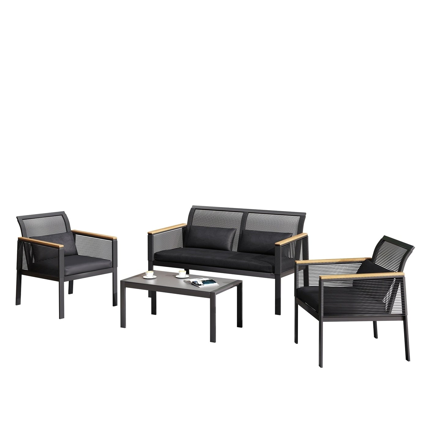 Set da conversazione per patio in vimini nero da 4 pezzi