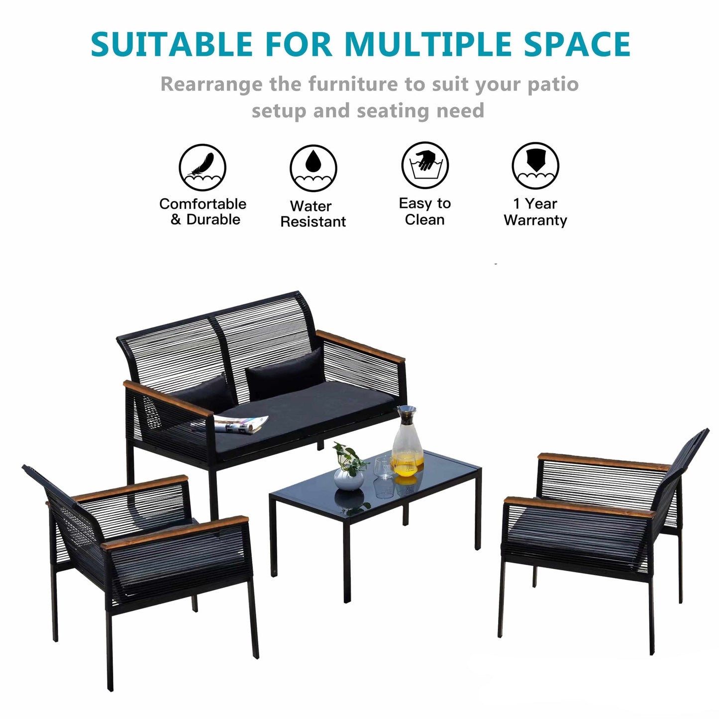 Set da conversazione per patio in vimini nero da 4 pezzi