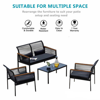 Set da conversazione per patio in vimini nero da 4 pezzi