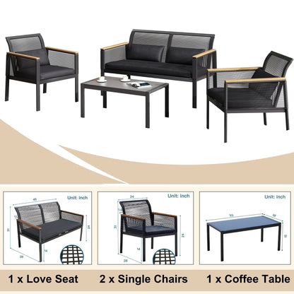 Set da conversazione per patio in vimini nero da 4 pezzi