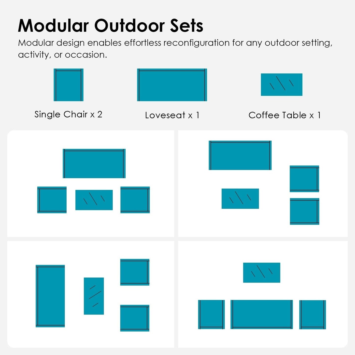 Set da conversazione per patio in vimini nero da 4 pezzi