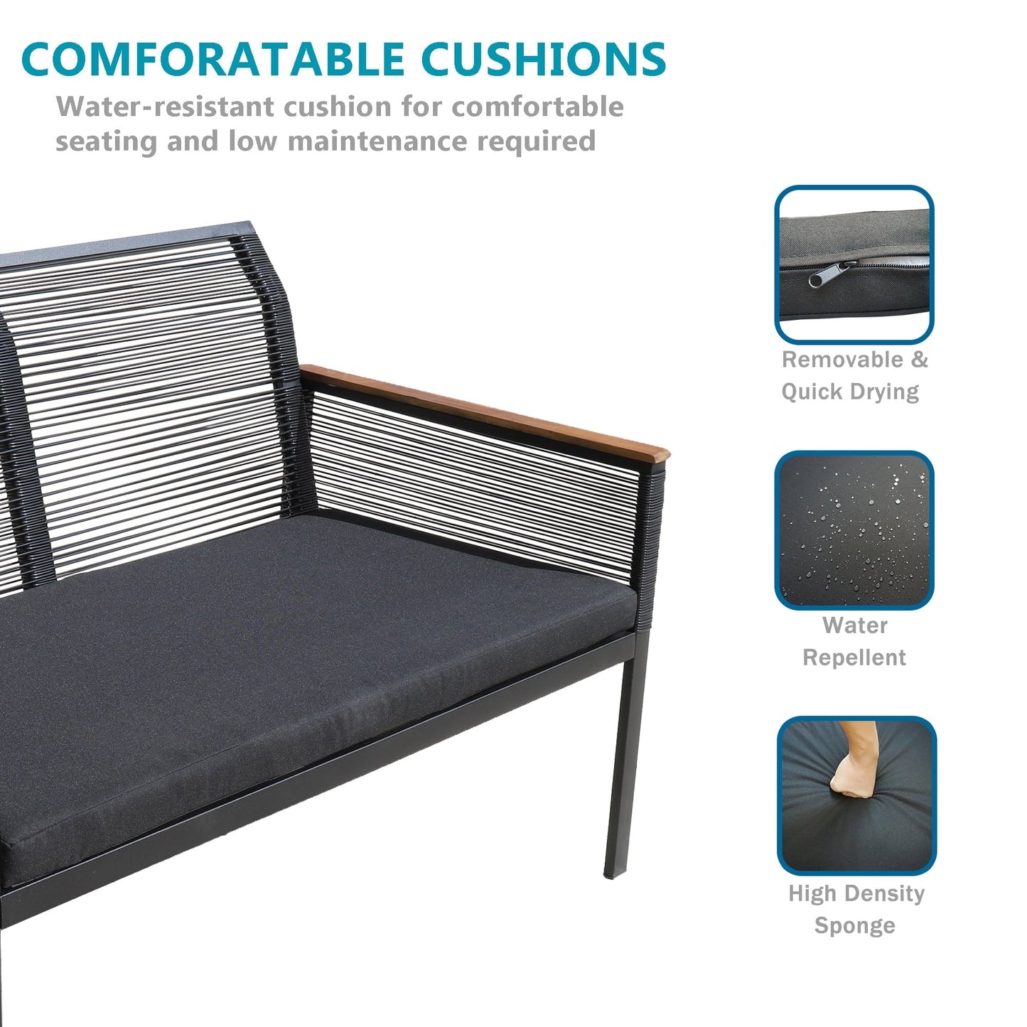 Set da conversazione per patio in vimini nero da 4 pezzi