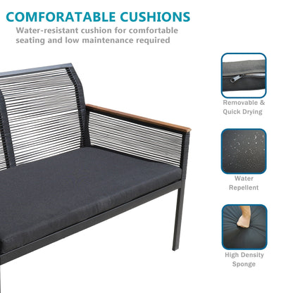 Set da conversazione per patio in vimini nero da 4 pezzi