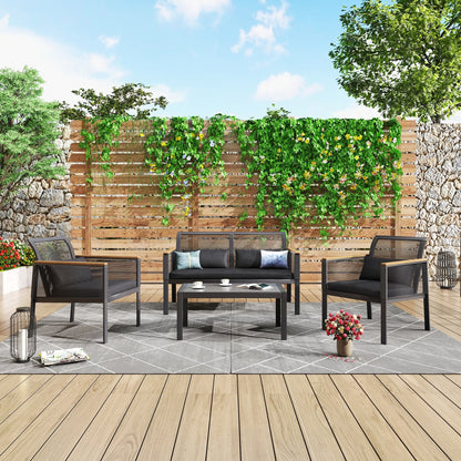 Set da conversazione per patio in vimini nero da 4 pezzi