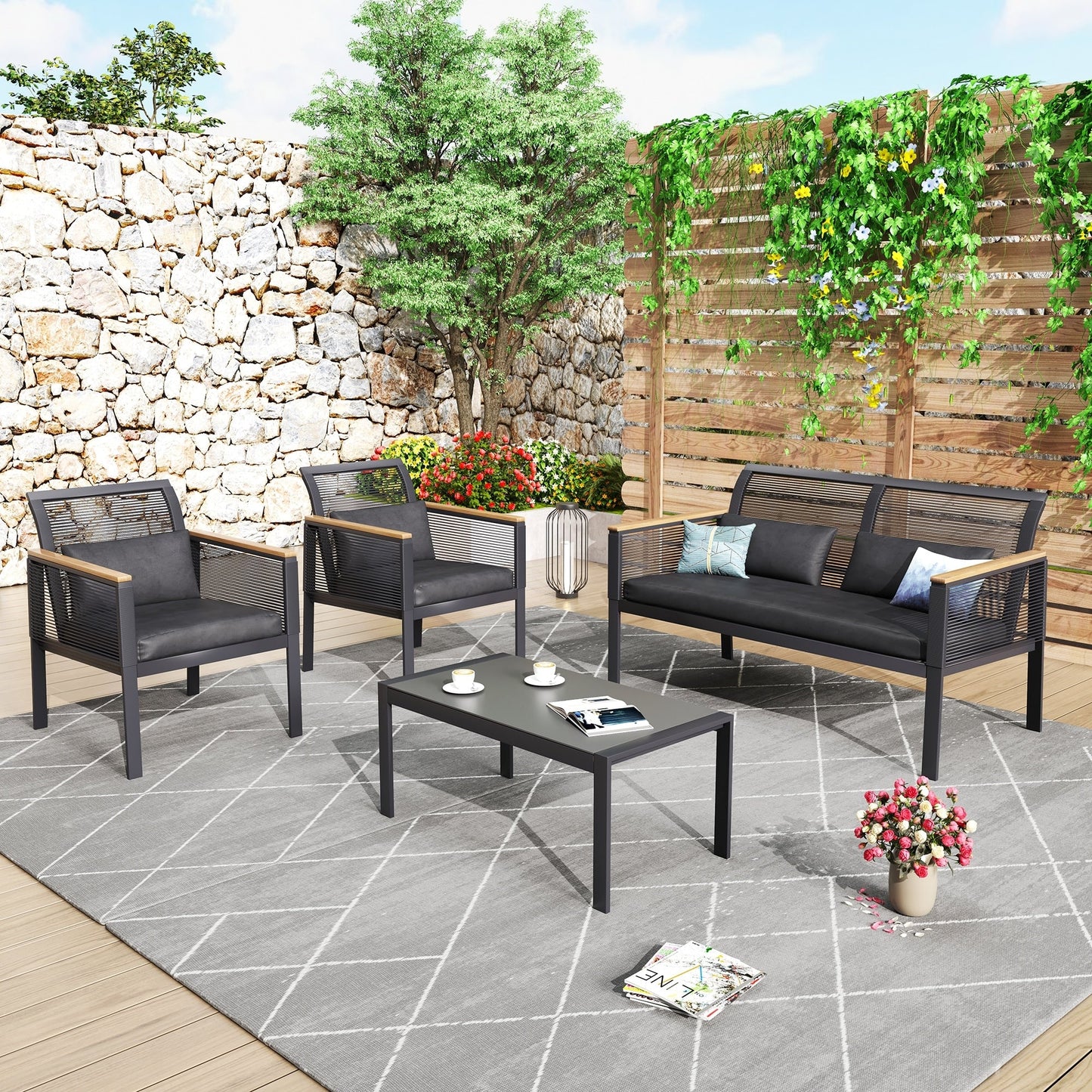 Set da conversazione per patio in vimini nero da 4 pezzi