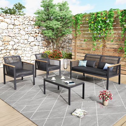 Set da conversazione per patio in vimini nero da 4 pezzi