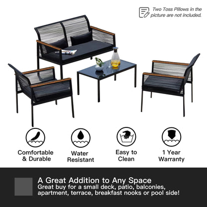 Set da conversazione per patio in vimini nero da 4 pezzi