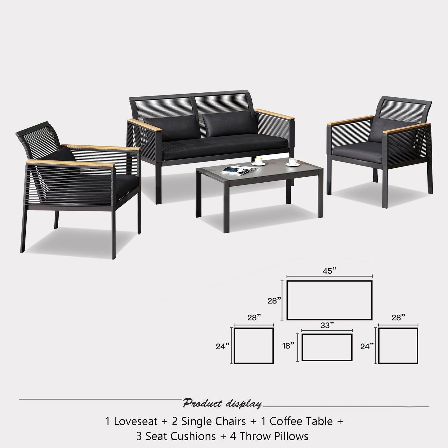 Set da conversazione per patio in vimini nero da 4 pezzi