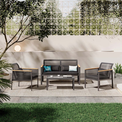 Set da conversazione per patio in vimini nero da 4 pezzi