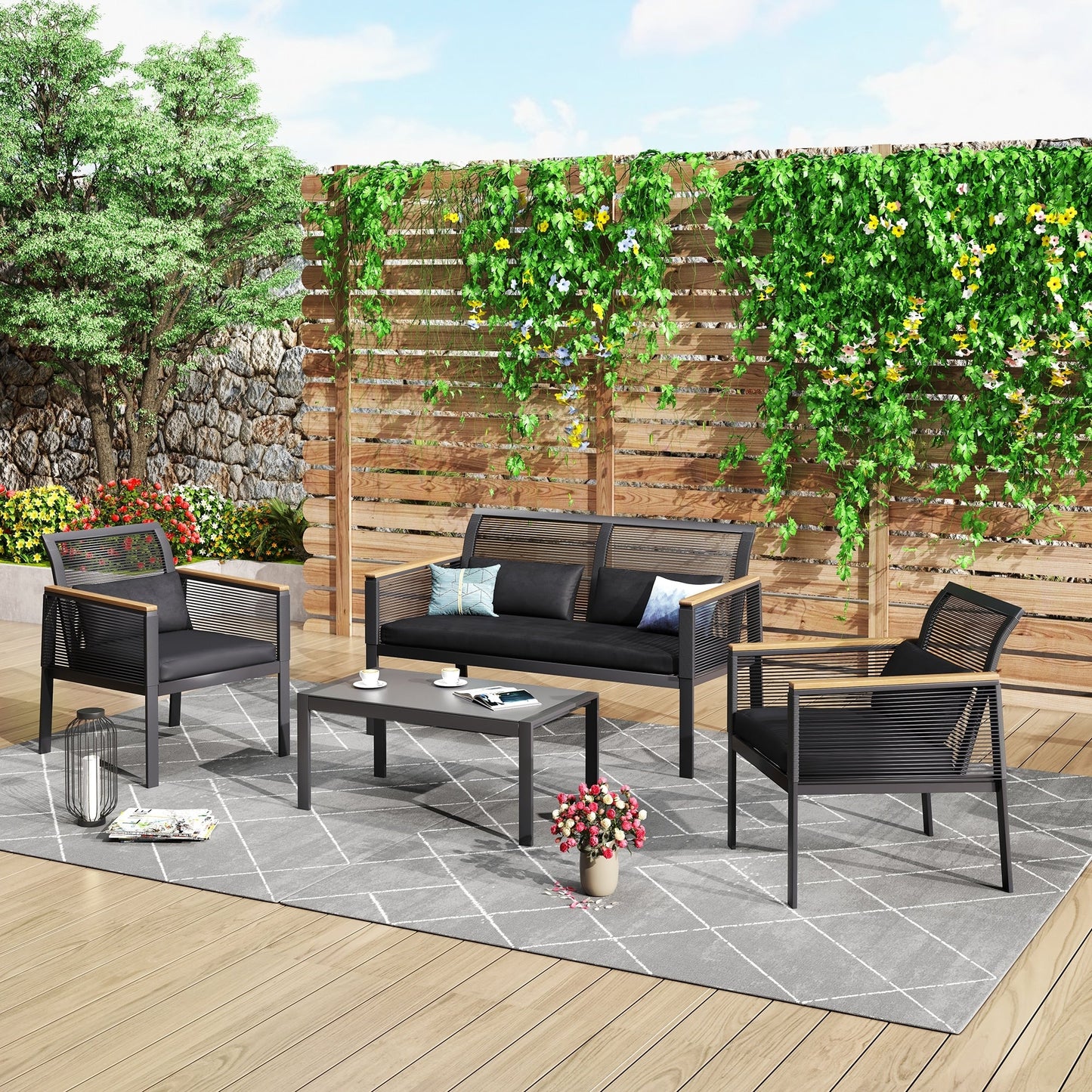 Set da conversazione per patio in vimini nero da 4 pezzi