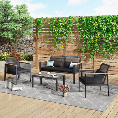 Set da conversazione per patio in vimini nero da 4 pezzi