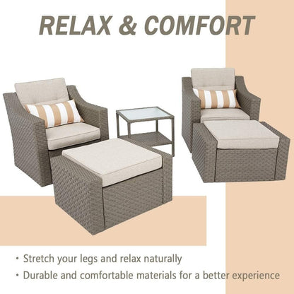 Set da conversazione con poltrona in vimini per patio da esterno da 4/5 pezzi, tavolino e cuscini