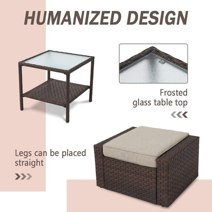 Set da conversazione con poltrona in vimini per patio da esterno da 4/5 pezzi, tavolino e cuscini