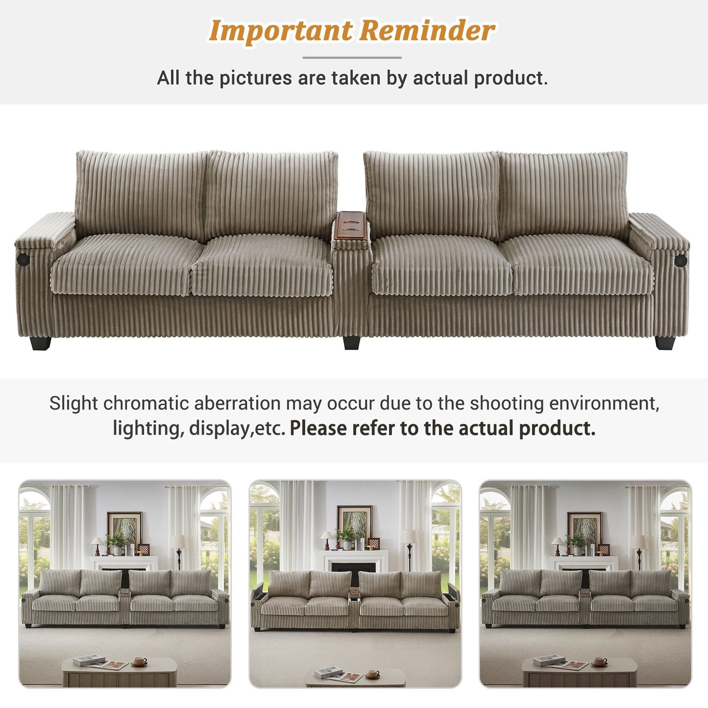 Divano moderno in velluto a coste a 4 posti con porte USB, braccioli con contenitore nascosti, portabicchieri ribaltabili per soggiorno