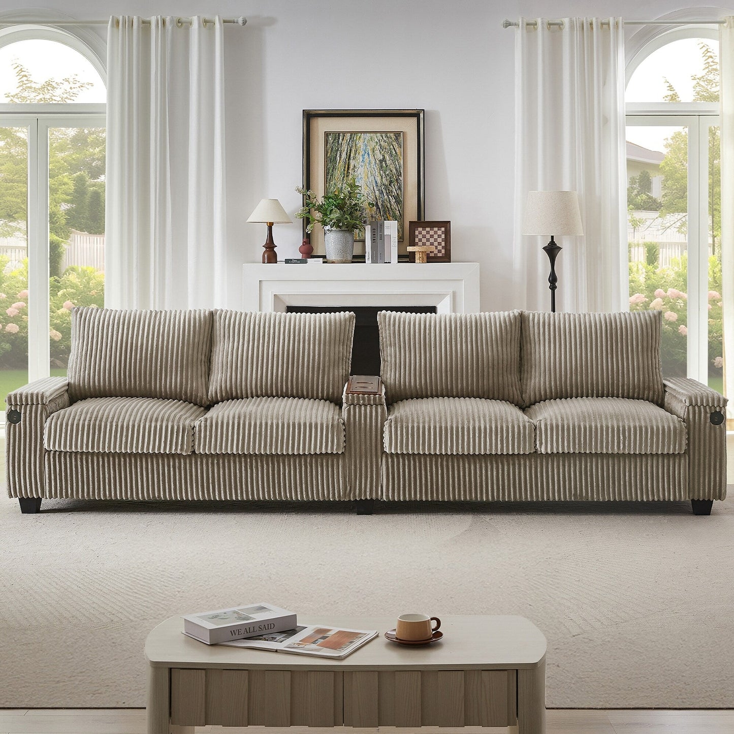 Divano moderno in velluto a coste a 4 posti con porte USB, braccioli con contenitore nascosti, portabicchieri ribaltabili per soggiorno