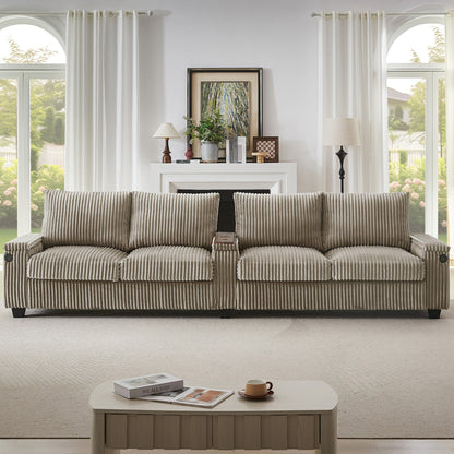 Divano moderno in velluto a coste a 4 posti con porte USB, braccioli con contenitore nascosti, portabicchieri ribaltabili per soggiorno