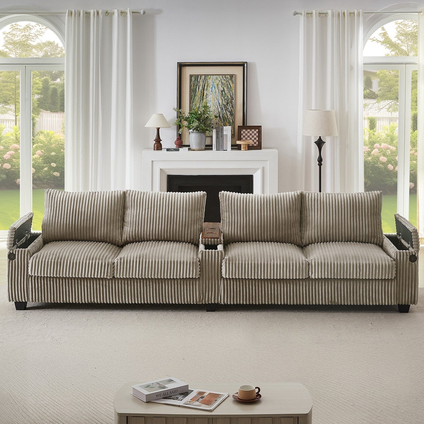 Divano moderno in velluto a coste a 4 posti con porte USB, braccioli con contenitore nascosti, portabicchieri ribaltabili per soggiorno