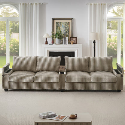 Divano moderno in velluto a coste a 4 posti con porte USB, braccioli con contenitore nascosti, portabicchieri ribaltabili per soggiorno