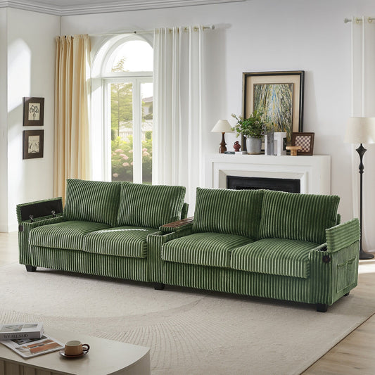 Divano moderno a 4 posti in velluto a coste 133 con porte USB, braccioli portaoggetti nascosti, portabicchieri ribaltabili per soggiorno