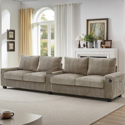 Divano moderno in velluto a coste a 4 posti con porte USB, braccioli con contenitore nascosti, portabicchieri ribaltabili per soggiorno