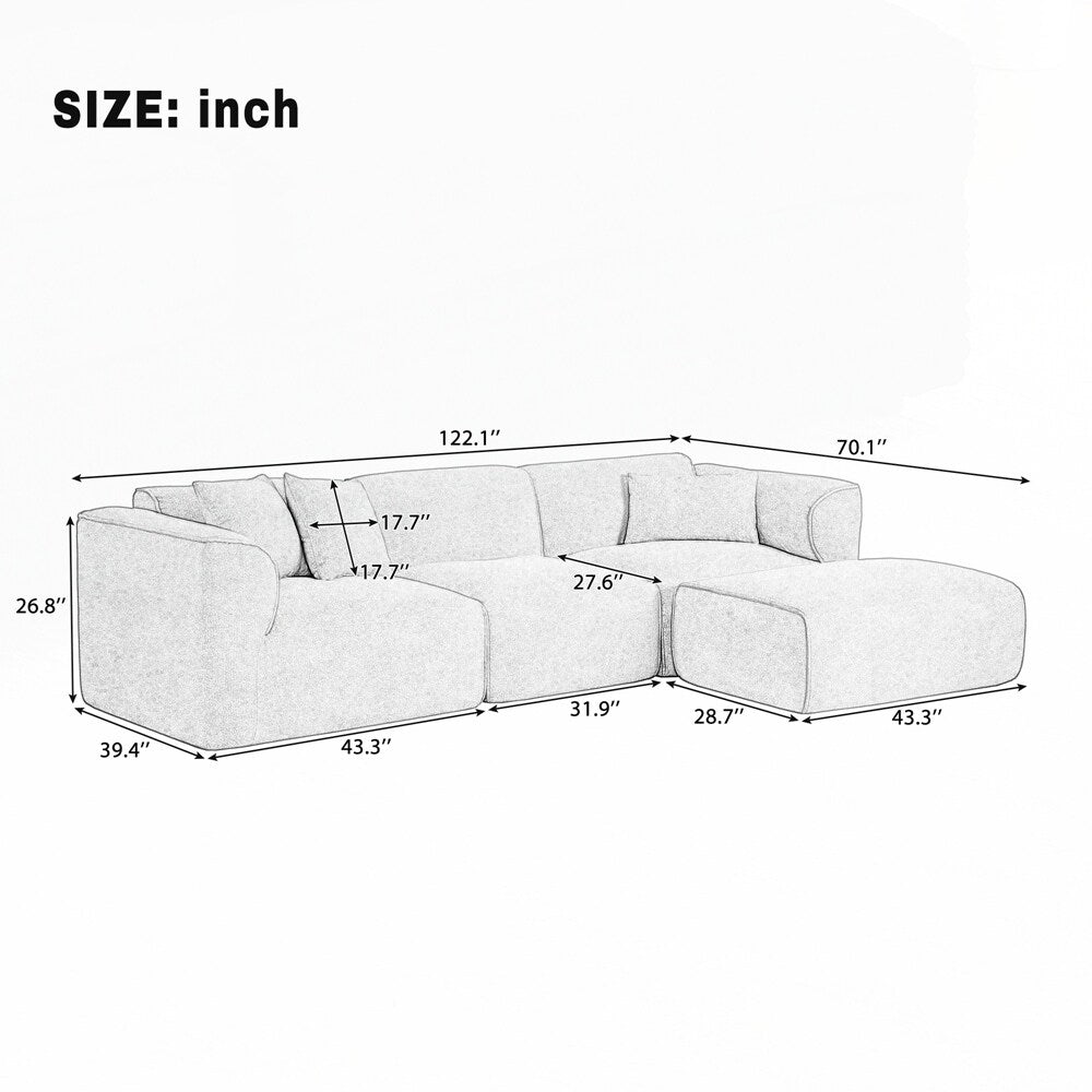 Divano a 4 posti con cuscini di seduta in pura spugna e poggiapiedi staccabile, include 3 cuscini decorativi