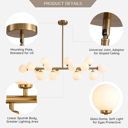 Lampadario lineare moderno di metà secolo da 40 pollici, lampada a sospensione Sputnik in ottone dorato a 16 luci con globo in vetro smerigliato per sala da pranzo