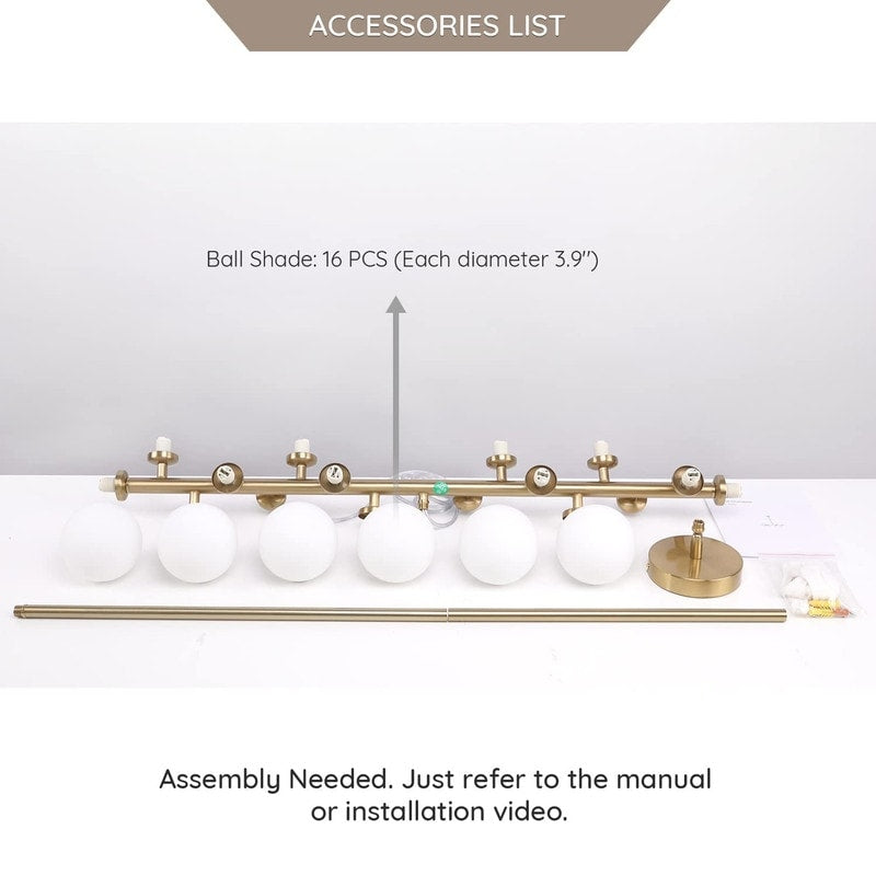 Lampadario lineare moderno di metà secolo da 40 pollici, lampada a sospensione Sputnik in ottone dorato a 16 luci con globo in vetro smerigliato per sala da pranzo