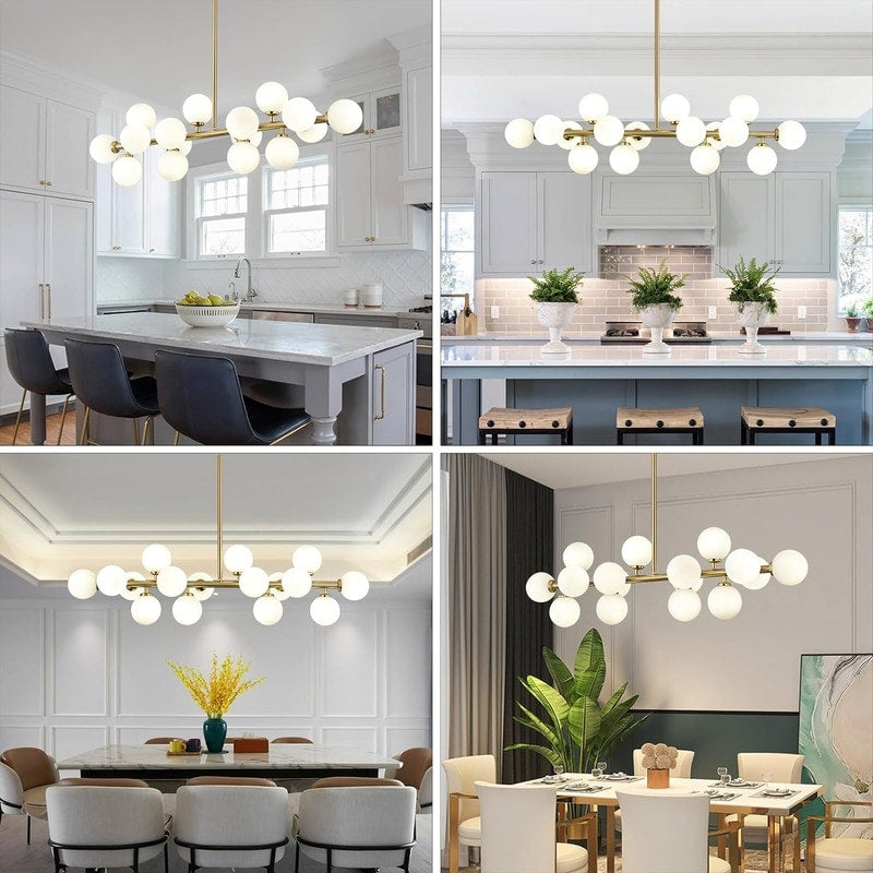Lampadario lineare moderno di metà secolo da 40 pollici, lampada a sospensione Sputnik in ottone dorato a 16 luci con globo in vetro smerigliato per sala da pranzo
