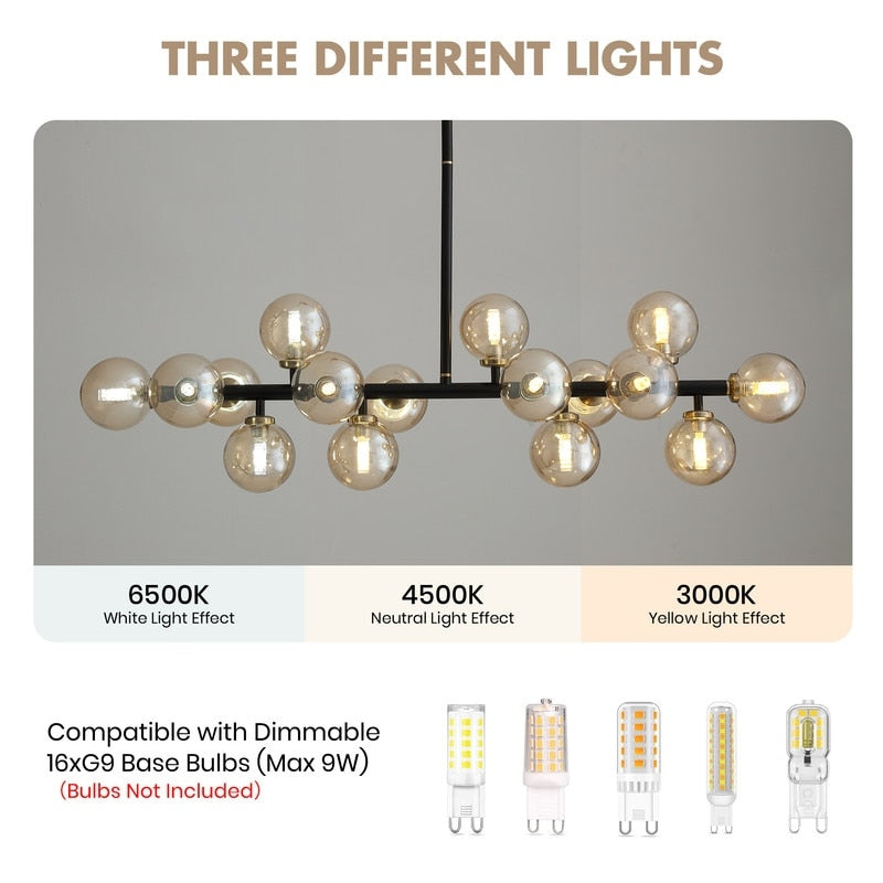 Lampadario lineare moderno di metà secolo da 40 pollici, lampada a sospensione Sputnik in ottone dorato a 16 luci con globo in vetro smerigliato per sala da pranzo