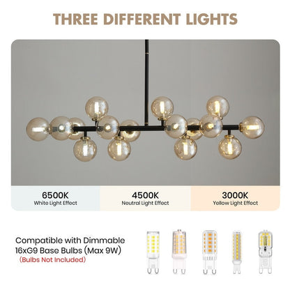 Lampadario lineare moderno di metà secolo da 40 pollici, lampada a sospensione Sputnik in ottone dorato a 16 luci con globo in vetro smerigliato per sala da pranzo