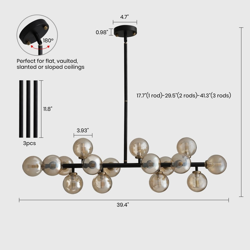 Lampadario lineare moderno di metà secolo da 40 pollici, lampada a sospensione Sputnik in ottone dorato a 16 luci con globo in vetro smerigliato per sala da pranzo