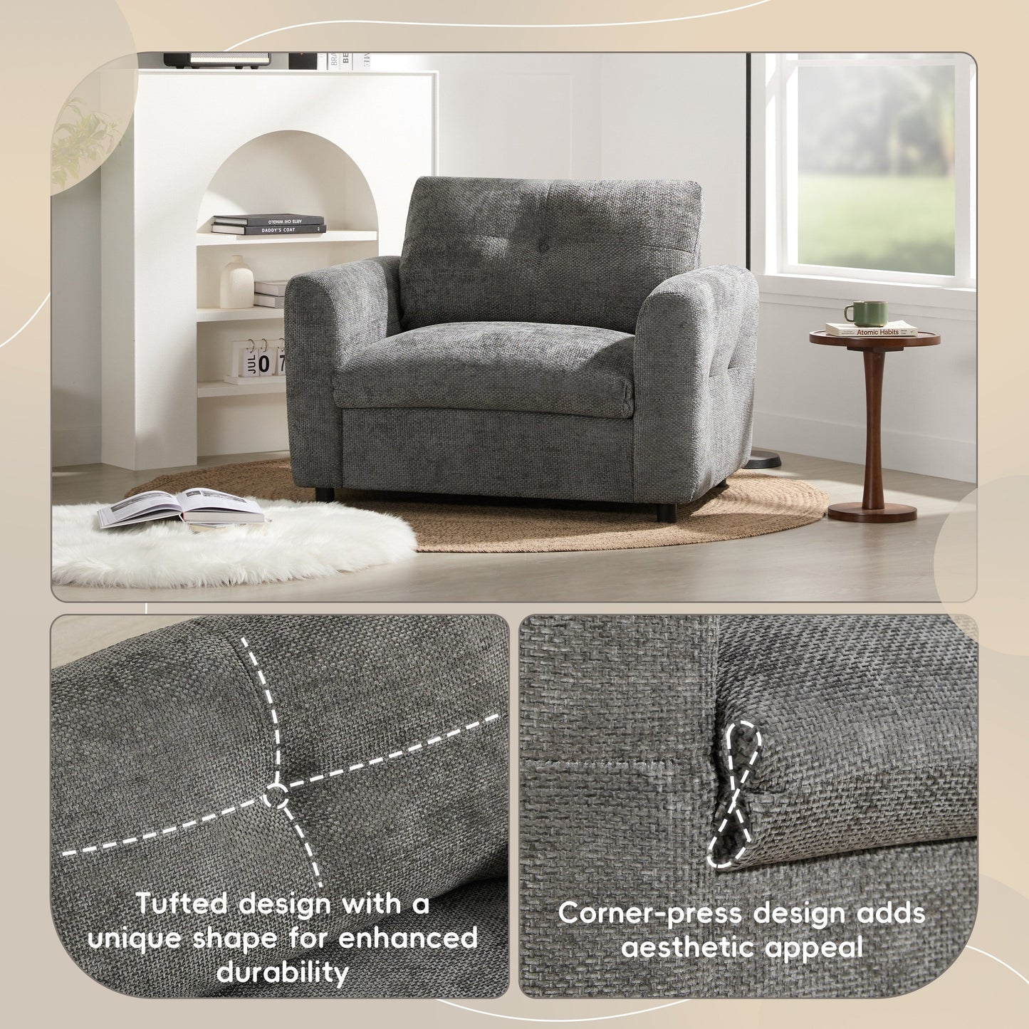 Poltrona con seduta larga 42 pollici, caricabatterie a doppia porta e design con tirante imbottito di Harper&amp;Bright Designs